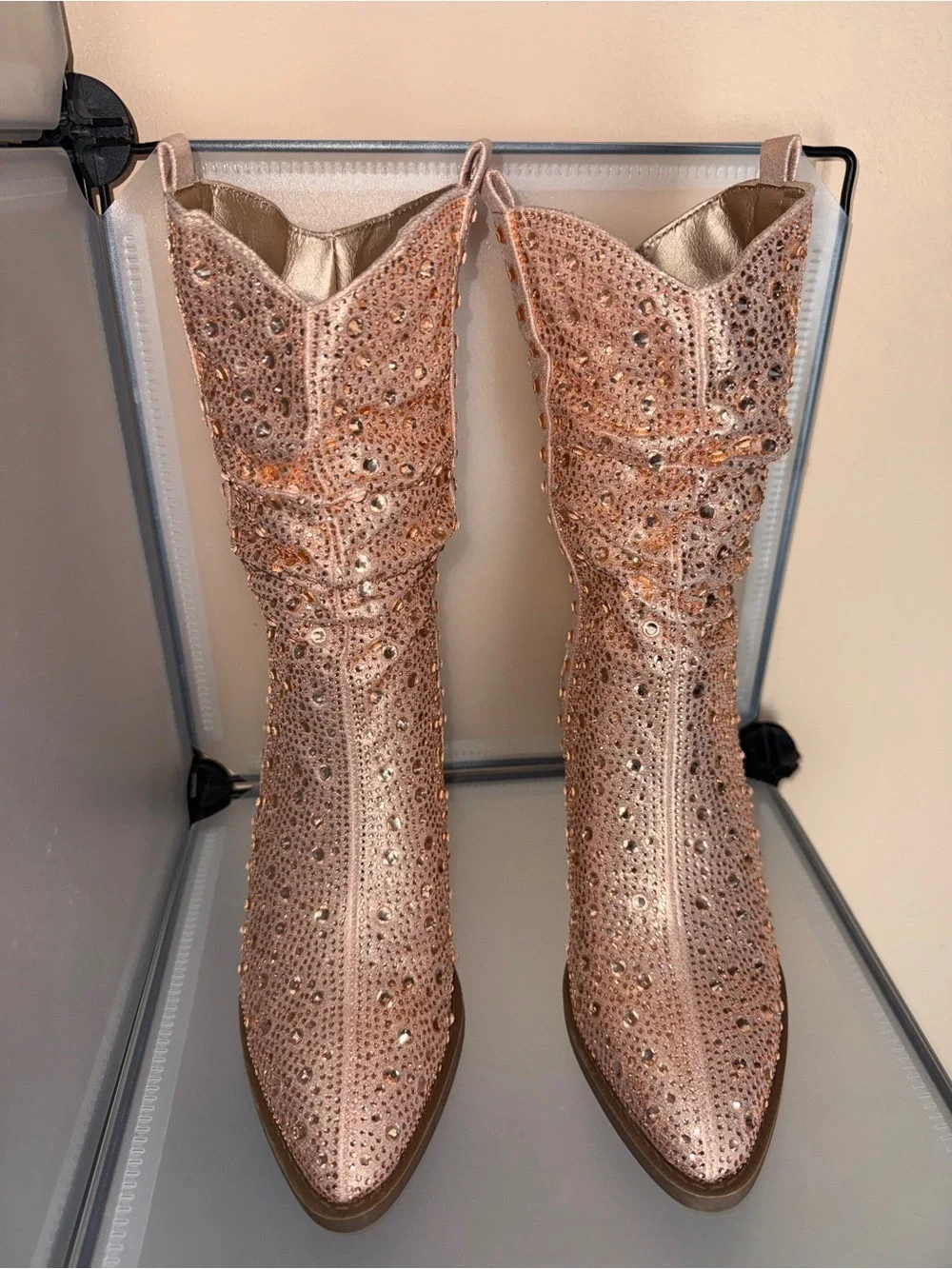Forever Women's Rose Gold Rhinestone Western Cowgirl Block Heel Boots Size 5.5